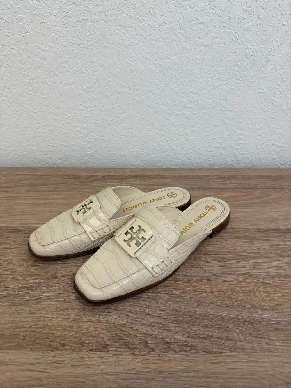 Tory Burch Cream Croc-Embossed Slip-On Mules with Logo